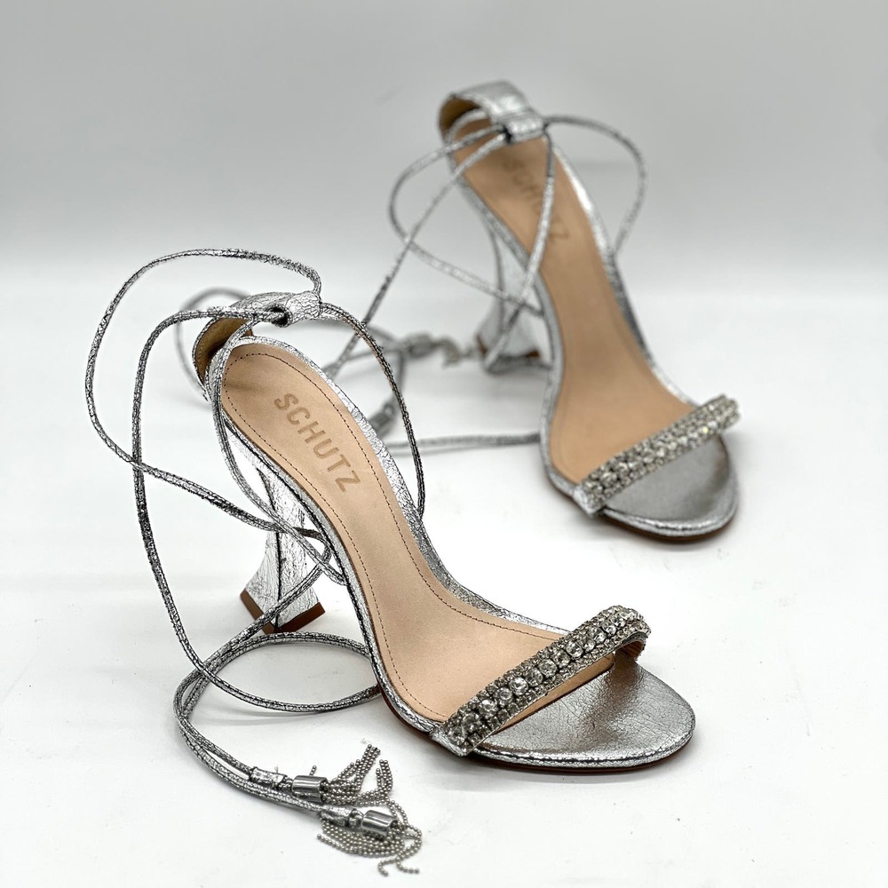 SCHUTZ Bellin Heels Womens 6 Silver Metallic Jeweled Ankle Wrap Strappy Sandal - Picture 1 of 14